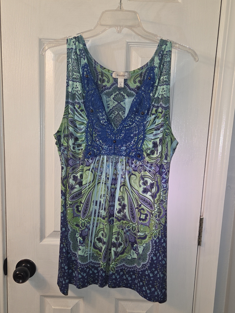 dressbarn Blue and Green Paisley V-Neck Tunic with Crochet Trim